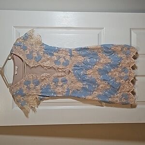 Storia Light Blue and Cream Lace and Mesh Lined Mini Dress Size S